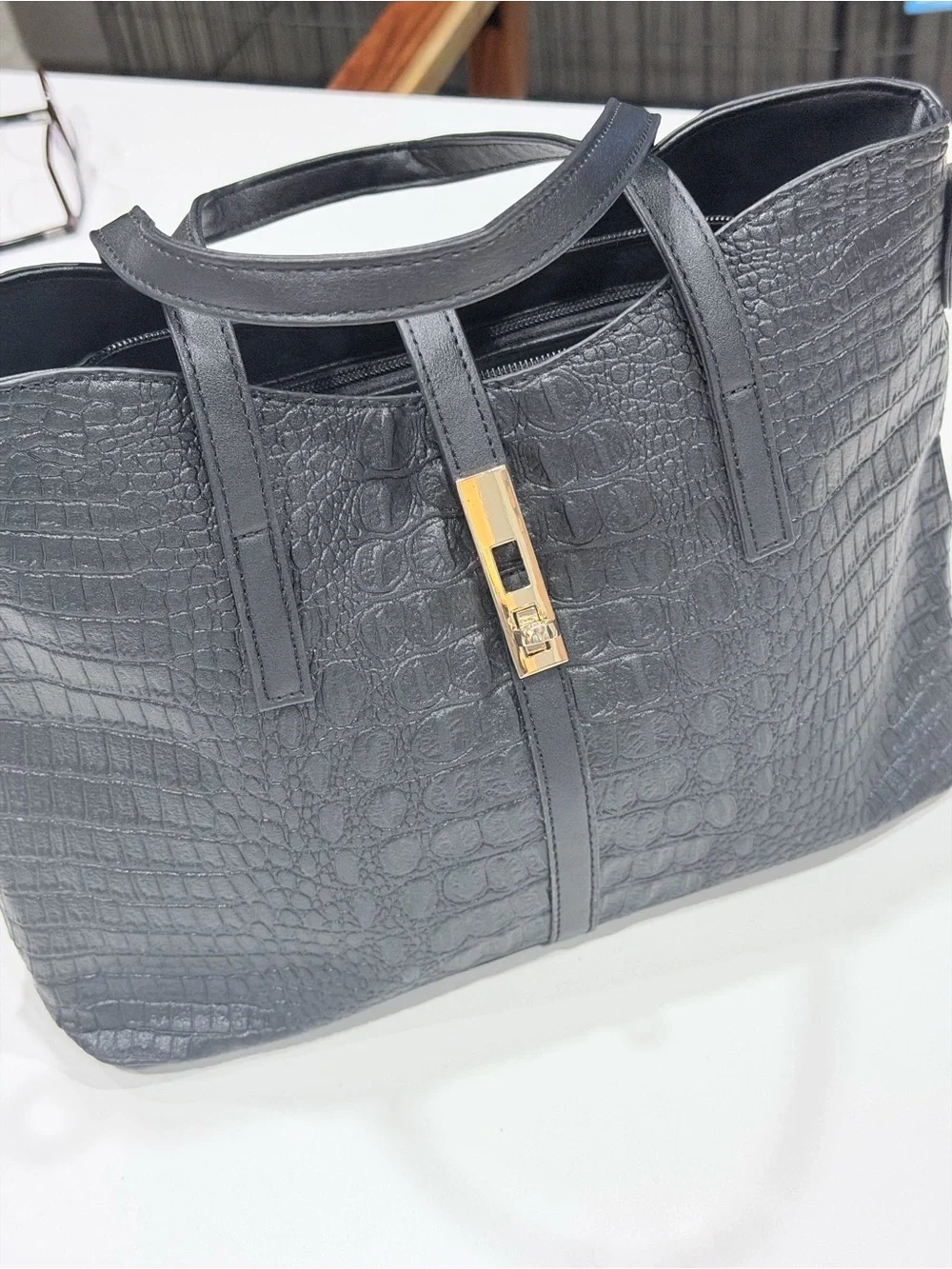 Structured Croc-Embossed Faux Leather Black Tote Bag with Gold Hardware - Picture 12 of 13